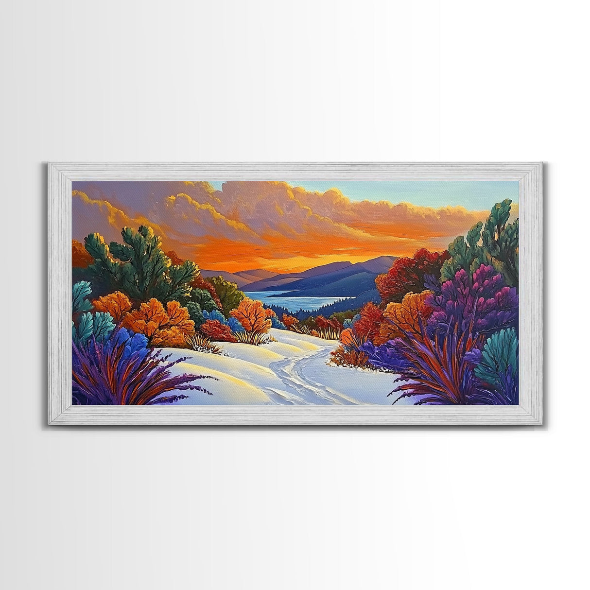 Winter Sunset, Lake, Trees, Framed Canvas Print, Autumn cabin wall art, colorful landscape living room decor, mountain snow painting