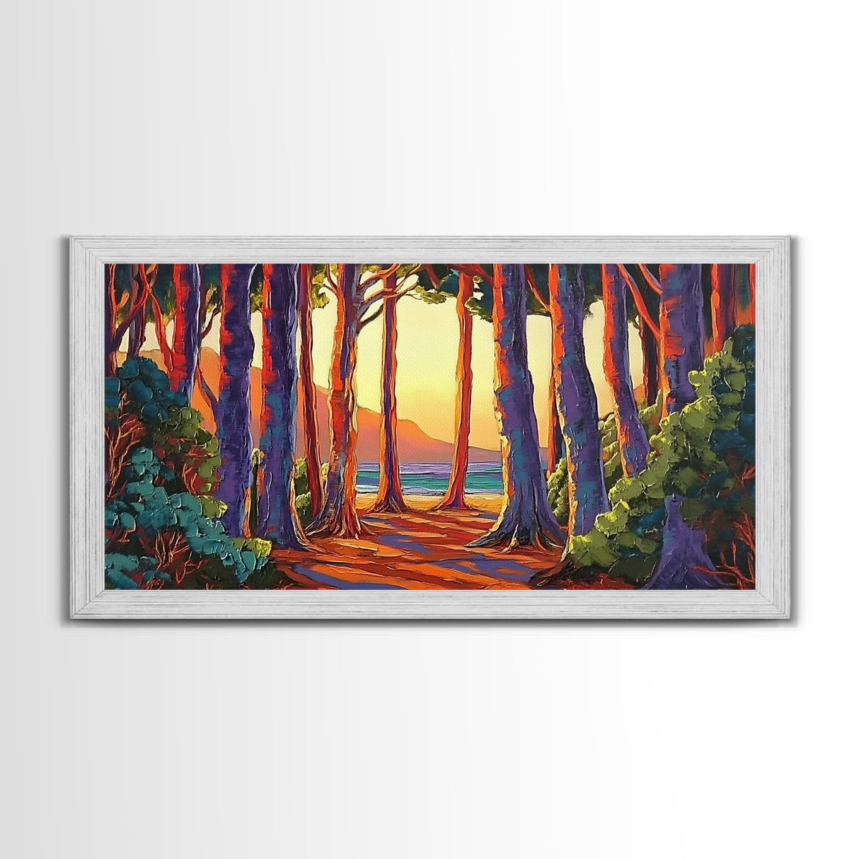 Trees Forest, Ocean, Sunset, Coastal Forest Path Framed Canvas Print, Nature Lover Wall Art, Cabin Decor, Fall Living Room Art