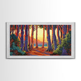 Trees Forest, Ocean, Sunset, Coastal Forest Path Framed Canvas Print, Nature Lover Wall Art, Cabin Decor, Fall Living Room Art
