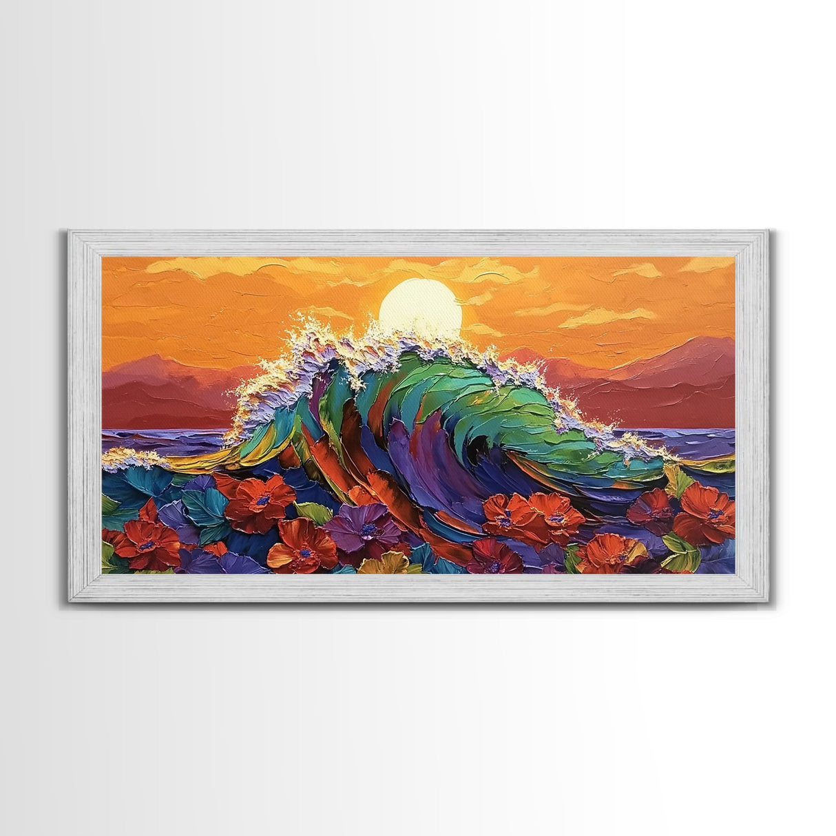 Sunset Wave, Floral, Ocean, Canvas Print, Tropical beach flower art, vibrant ocean wave decor, living room painting, sunset seascape