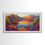 Lake Sunset, Desert, Mountains, Framed Canvas Print, colorful landscape wall decor, boho living room art, nature lovers gift