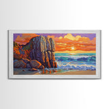 Rock Ocean, Sunset, Waves, Framed Canvas Print, coastal wall decor, bold shoreline art, living room beach style, nature theme