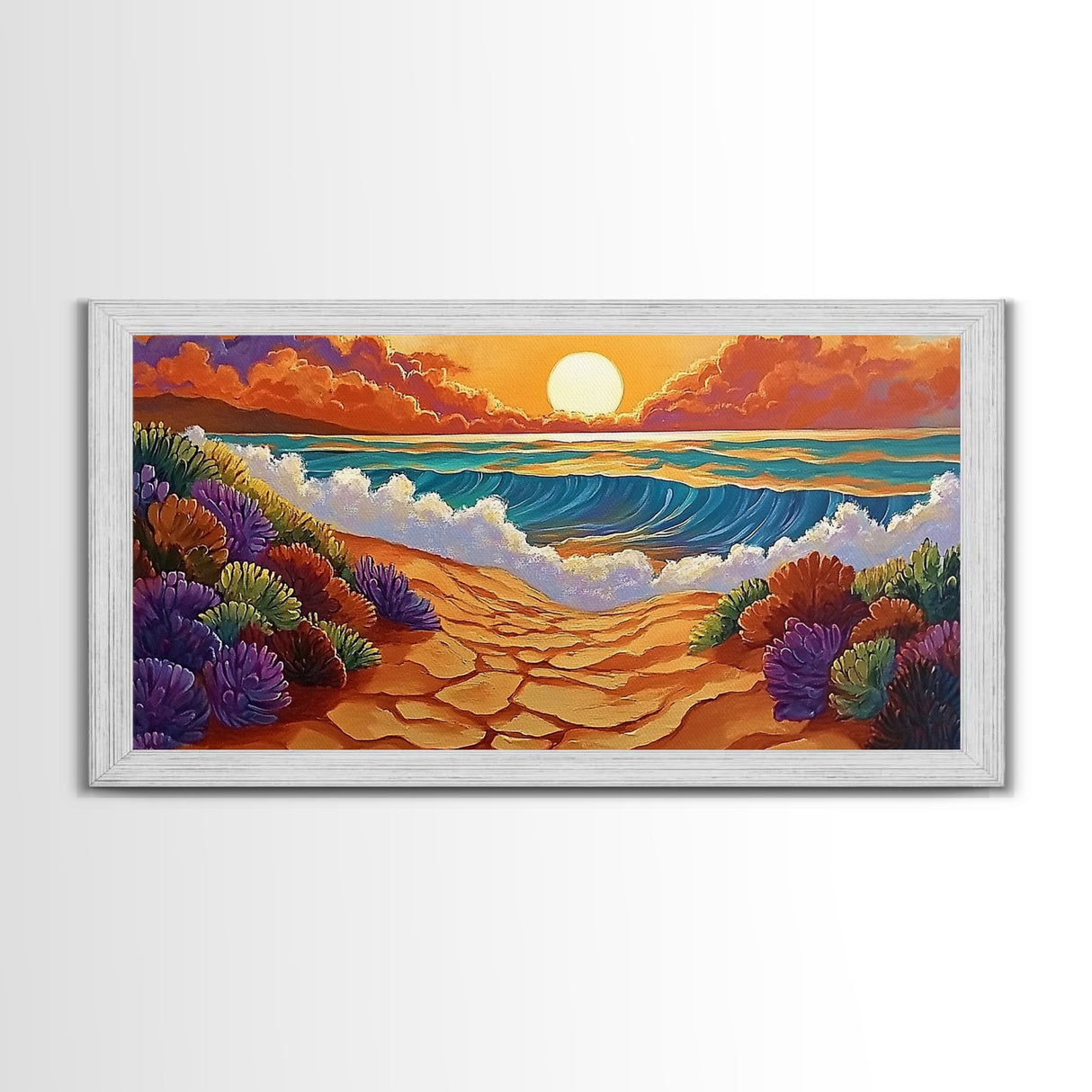 Beach Ocean, Sunrise, Coastal Path, Framed Canvas Print, Vibrant Seaside Art, Bathroom Wall Decor, Nature Landscape, Colorful Waves