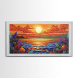 Flowers Sunset, Ocean View, Coastal Bloom, Framed Canvas Print, Vibrant Nature Art, Kitchen Wall Decor, Beach Garden Scene, Bold Colors