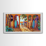 Surfboards Beach, Tropical, Colorful Life, Framed Canvas Print, Coastal Art, Entryway Wall Decor, Surf Shack Vibes, Tropical Summer