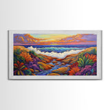 Sunset Ocean, Garden, View, Framed Canvas Print, coastal sunset wall art, tropical flowers, beach décor, boho landscape, living room
