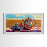Teapot Patio, Desert, Ceramic, Framed Canvas Print, bold desert teapot art, colorful Mexican pottery, sunny outdoor patio wall art