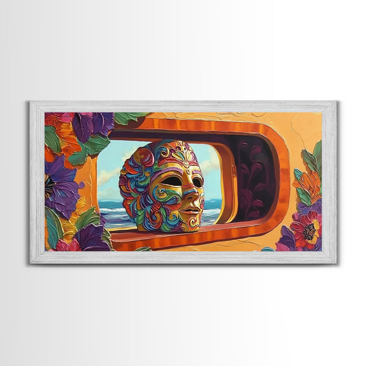 Mask, Window, Flowers, Coastal, Vibrant mask ocean view, Framed Canvas Print, Fiesta Art, Colorful Mexican Decor, Dining Room Wall Art