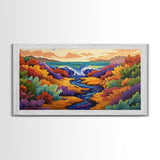 Waterfall, Canyon, Nature, Ocean, Framed Canvas Print, Boho wall art, nature landscape art, vibrant waterfall decor, bathroom wall art