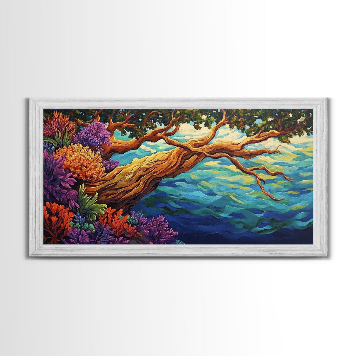 Tree, Ocean, Cliffside, Wildflowers, Framed Canvas Print, Vibrant ocean view, coastal tree decor, autumn style living room wall art
