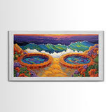 Hot Tubs, Ocean, Sunset, Waves, Framed Canvas Print, Seaside spa art, whimsical coastal print, boho beach bathroom art, spa decor
