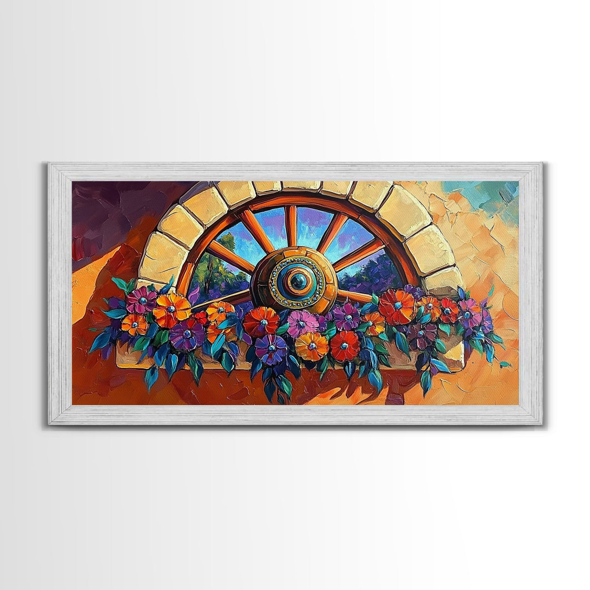 Rustic Floral, Window, Art, Framed Canvas, Print Mexican flower wagon wheel wall art, vibrant southwestern decor, boho patio print