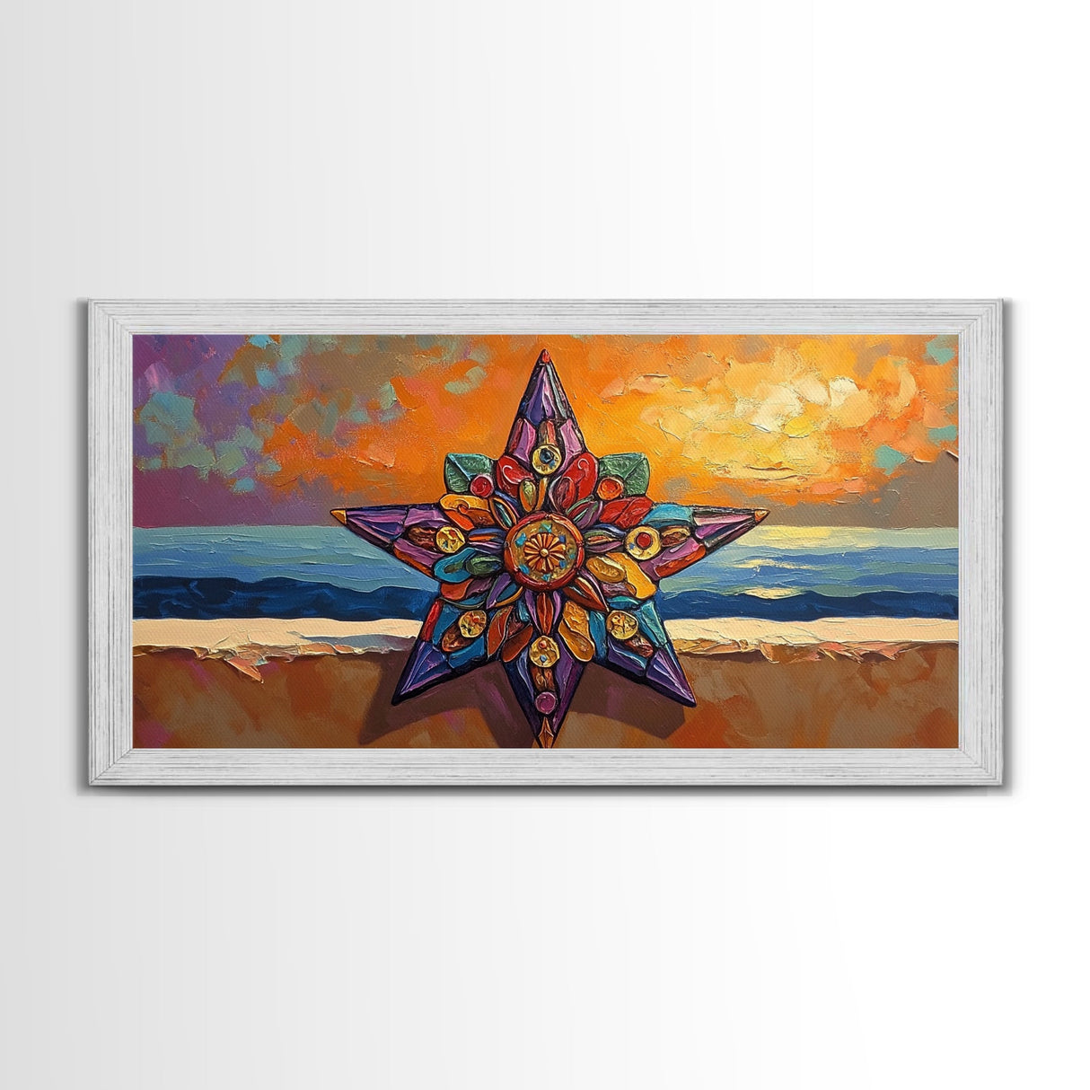 Star Sunset, Ocean, Mandala, Framed Canvas Print vibrant boho wall art, coastal living room decor, sunset mandala beach house artwork