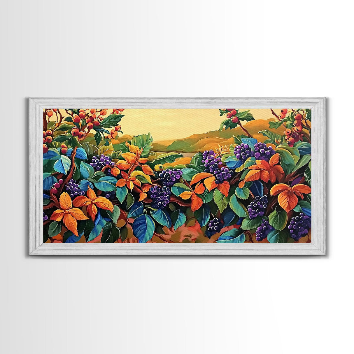 Grapes Harvest, Vineyard, Autumn, Framed Canvas Print vibrant fall kitchen wall art, farmhouse harvest decor, vineyard fruit painting