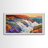 Waterfall Rainbow, Canyon, Bold, Framed Canvas Print vibrant nature bathroom decor, boho rainbow mountain wall art, fantasy print