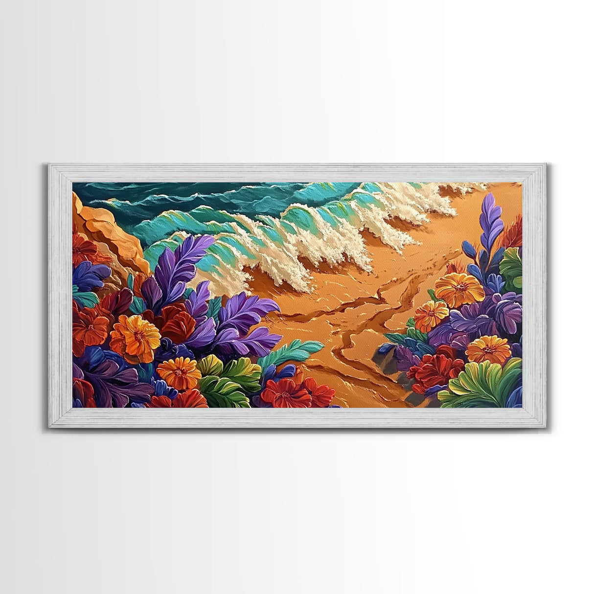 Tropical, Flower, Wave Art, Framed Canvas Print, coastal floral seascape painting, vibrant Summer Decor, Bathroom Wall Art, boho art