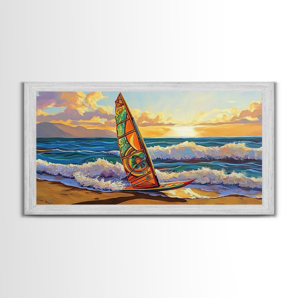 Windsurf Sunset, Beach Scene, Canvas Print, colorful surfboard at sea painting, coastal adventure, Bedroom Wall Art, surfer boho art