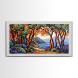 Trees Autumn, Ocean Trail, Canvas Print, Fall landscape, trees leading to ocean view, colorful palette, Living Room Wall Art