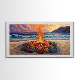 Beach Campfire, Sunset, Tropical Vibes, island evening Canvas Print, fall boho decor, colorful beach firepit living room wall art