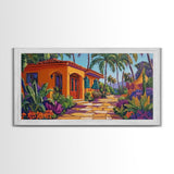 Villa, Palm Trees, Pathway, Lush Garden, warm tropical Canvas Print, boho patio decor, summer bungalow living room wall art