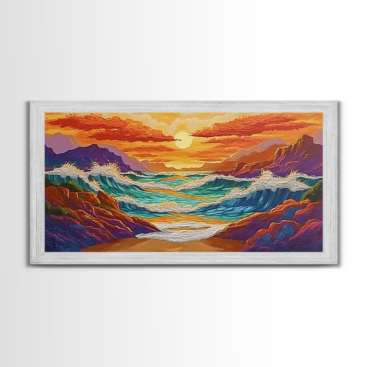 Coastal Sunset, Crashing, Waves, Canvas Print bold seascape painting Living Room Wall Art tropical ocean wall decor beach house style