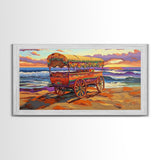 Sunset Beach, Wagon, Vibes, Coastal boho decor, colorful ocean art, Canvas Print, beach house wall art, living room sunset painting
