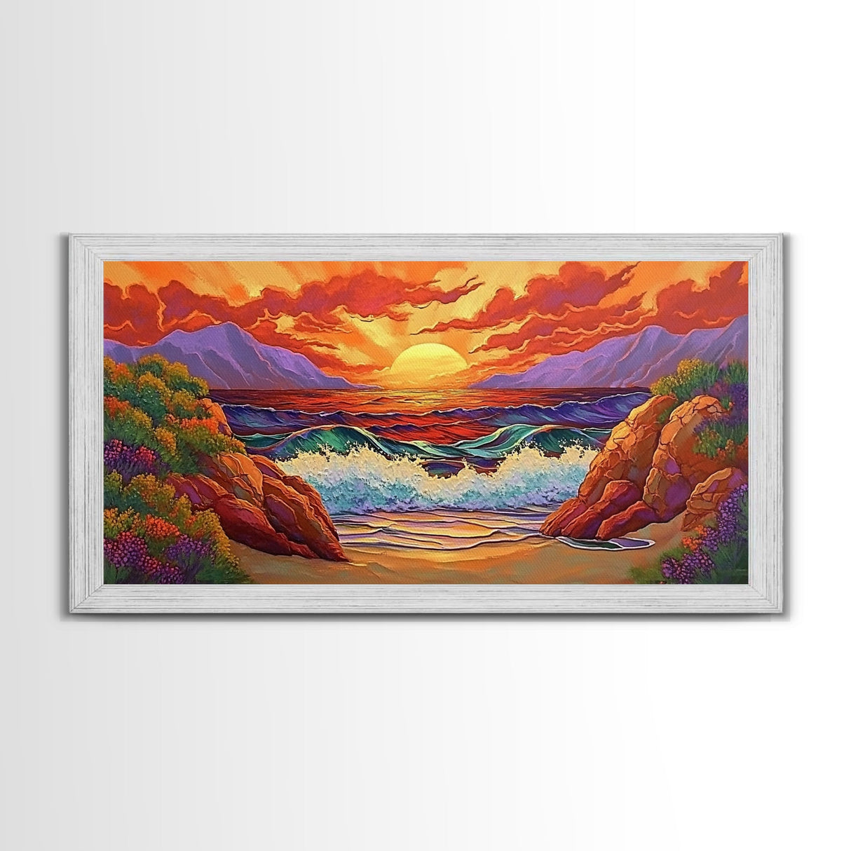 Sunset Waves, Rocks, Framed Canvas Print, Vibrant ocean sunset, crashing waves cliffs painting, Coastal Decor, Beach House Wall Art