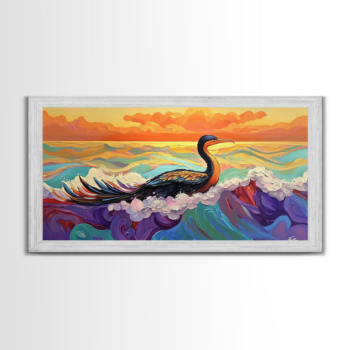 Ocean Bird, Sunset, Framed Canvas Print, Vibrant seabird in waves sunset seascape painting, Colorful Coastal Decor, Bathroom Wall Art