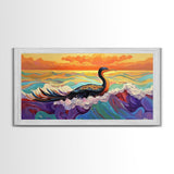 Ocean Bird, Sunset, Framed Canvas Print, Vibrant seabird in waves sunset seascape painting, Colorful Coastal Decor, Bathroom Wall Art