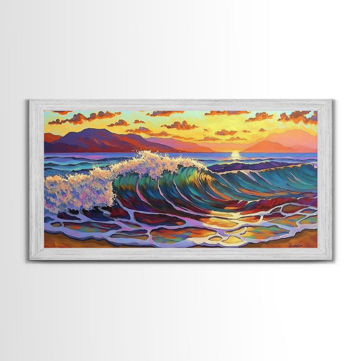 Waves Surf, Sunset, Framed Canvas Print, Colorful crashing wave with glowing sunset sky, Coastal Surfer Decor, Beach House Wall Art