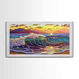 Waves Surf, Sunset, Framed Canvas Print, Colorful crashing wave with glowing sunset sky, Coastal Surfer Decor, Beach House Wall Art