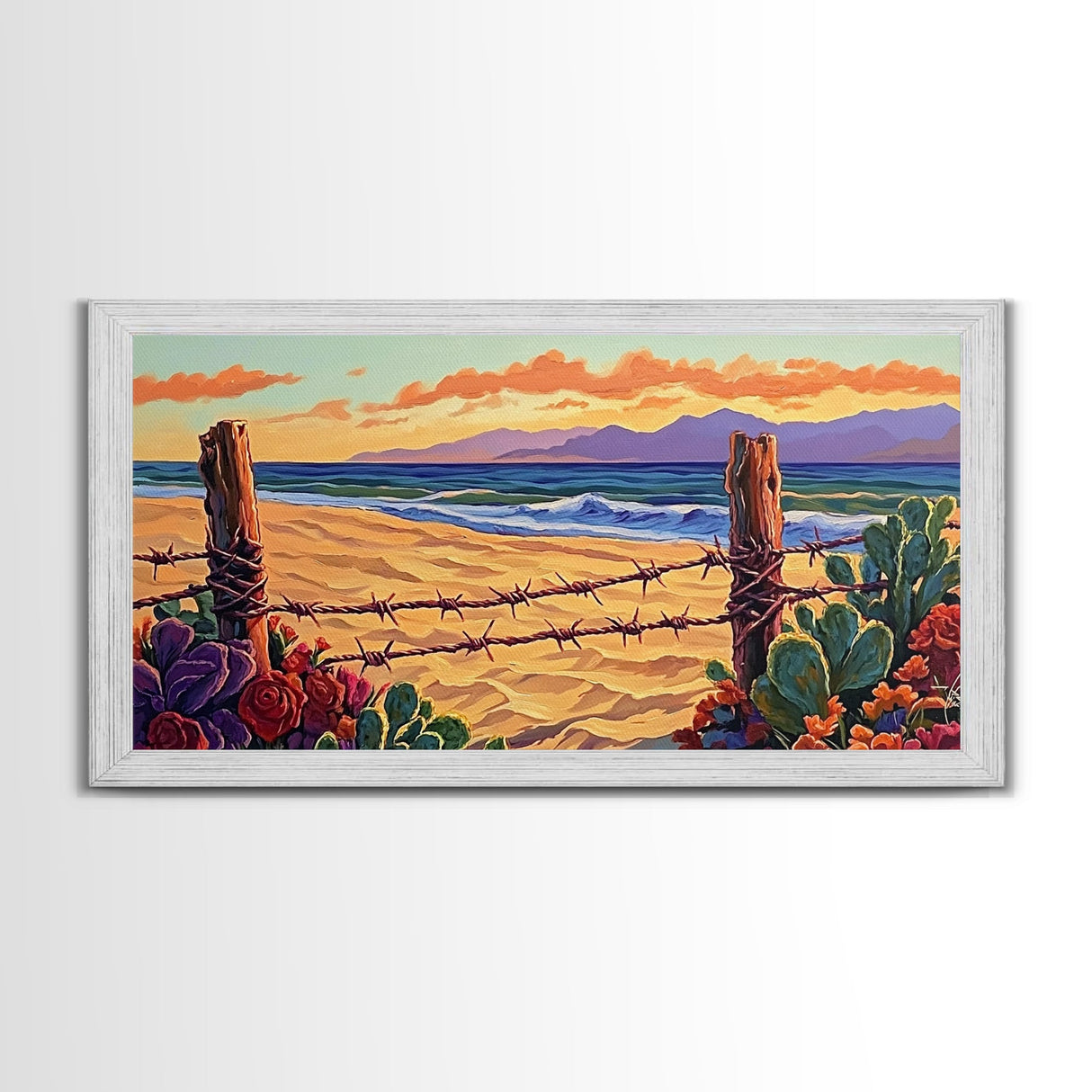 Beach Cactus, Fence, Framed Canvas Print, Vibrant Desert Beach Landscape, Colorful Boho Western Decor, Southwestern Living Room Art