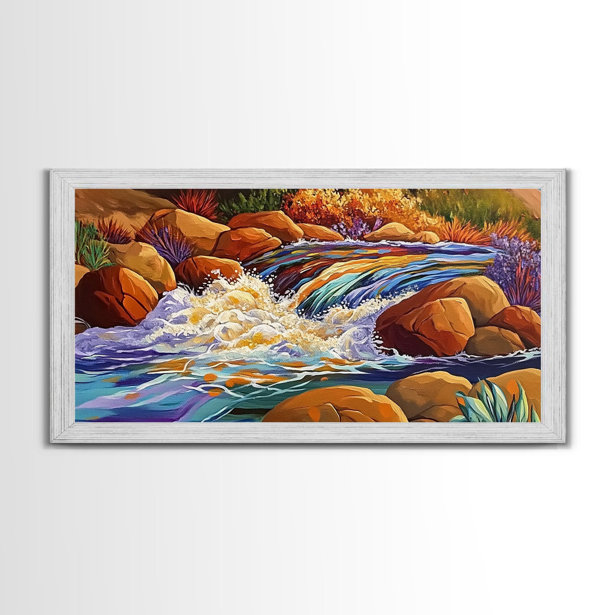 Autumn River, Rocks, Splash, Framed Canvas Print, colorful waterfall painting, nature wall art, rustic cabin decor, landscape art