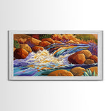 Autumn River, Rocks, Splash, Framed Canvas Print, colorful waterfall painting, nature wall art, rustic cabin decor, landscape art
