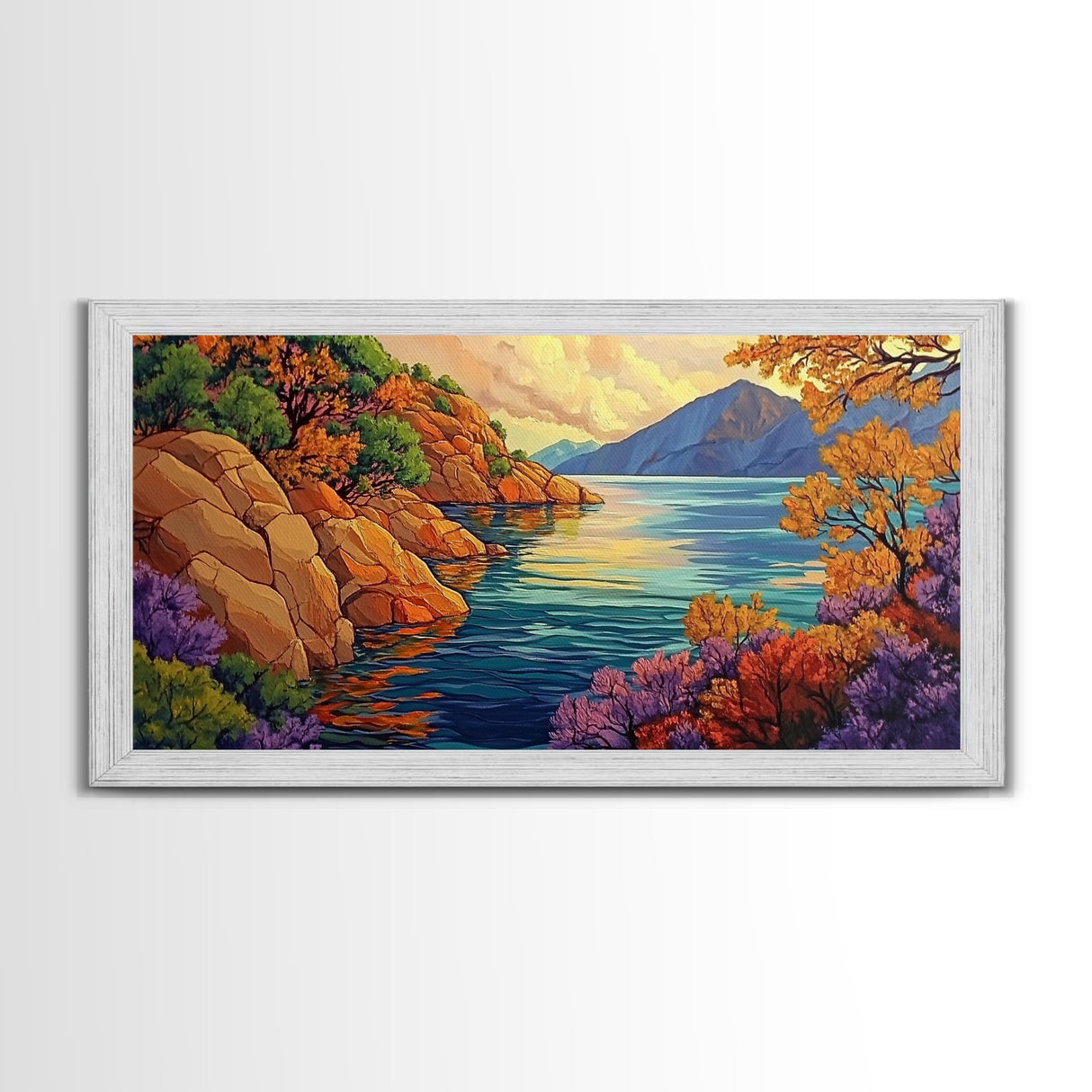 Mountain Lake, Trees, Reflection, Canvas Print with vivid autumn landscape painting, living room wall art, boho nature decor