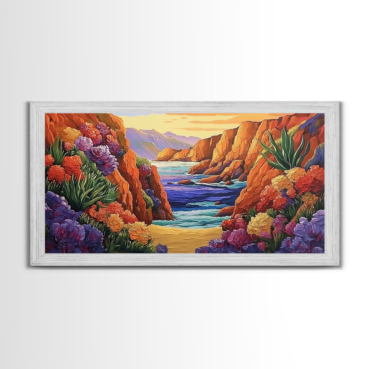 Desert Coast, Flowers, Path, Canvas Print, vibrant canyon seascape, southwest home decor, hallway wall art, colorful desert painting