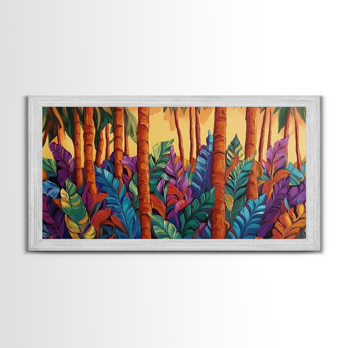 Jungle Leaves, Palms, Tropical, Framed Canvas Print, vibrant rainforest botanical wall art, boho plant decor, entryway art