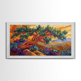 Tree Mountains, Sunset, Windswept, Canvas Print, expressive twisted pine painting, rustic boho decor, nature art, fall wall piece