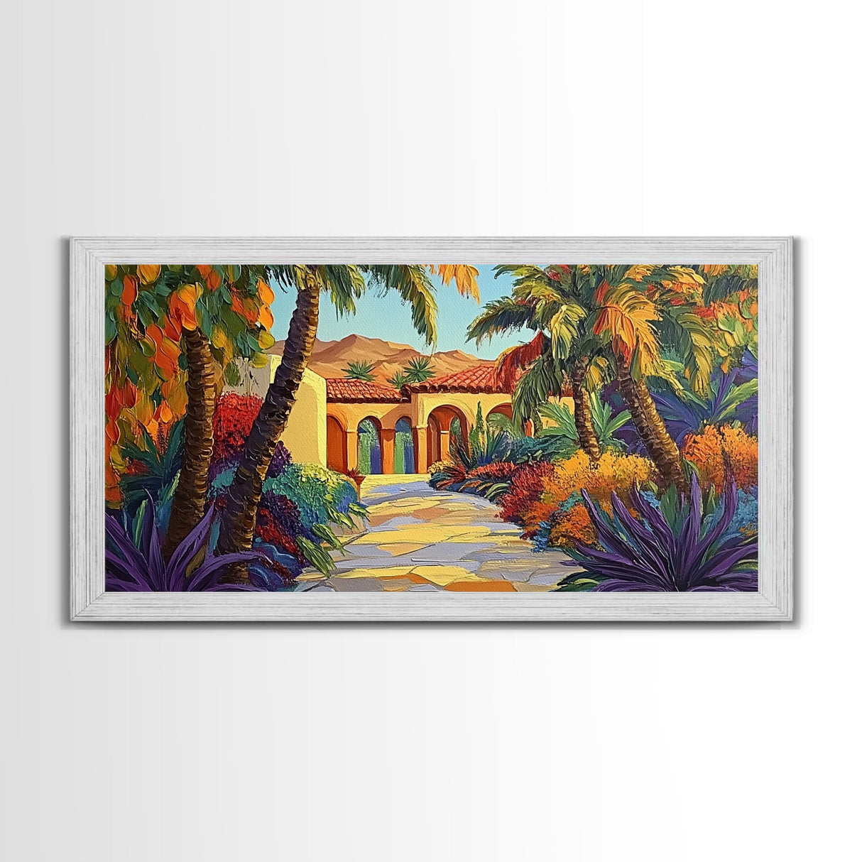Villa Garden, Palms, Path, Framed Canvas Print, tropical courtyard scene, Mediterranean decor, living room wall art, villa painting