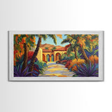 Villa Garden, Palms, Path, Framed Canvas Print, tropical courtyard scene, Mediterranean decor, living room wall art, villa painting
