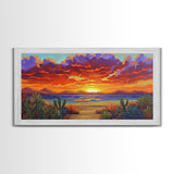 Sunset Beach, Desert, Cactus, Framed Canvas Print, vivid sunset desert beach scene, boho coastal decor, southwestern wall art