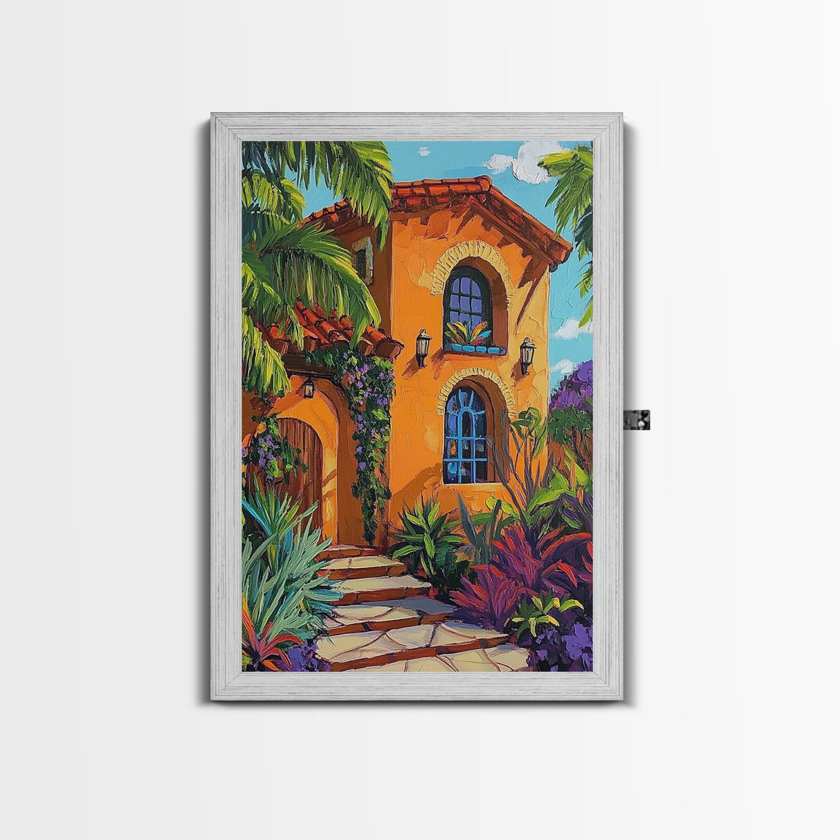 Tropical Villa, Sunset, Vibes, Framed Canvas Print, Mediterranean wall art, boho home decor, warm palette, Kitchen or Living Room