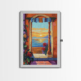Doorway Sunset, Ocean, Romance, Canvas Print, Mediterranean seascape art, boho romantic wall decor, warm tones, Bedroom or Dining Room