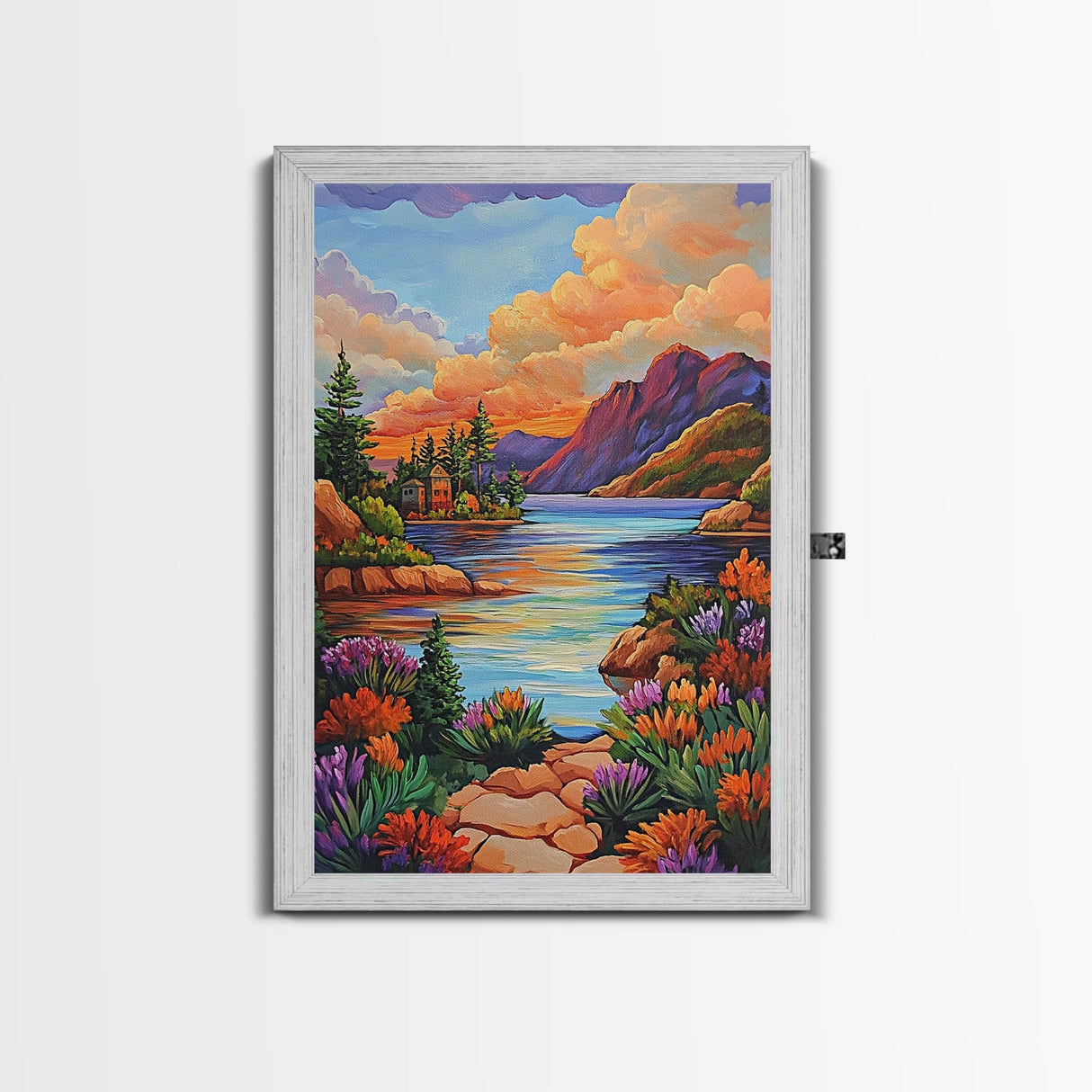Lake Sunset, Mountains, Cabin, Framed Canvas Print, Serene mountain lake at sunset with cozy cabins, peaceful autumn living room wall art