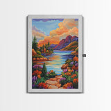 Lake Sunset, Mountains, Cabin, Framed Canvas Print, Serene mountain lake at sunset with cozy cabins, peaceful autumn living room wall art