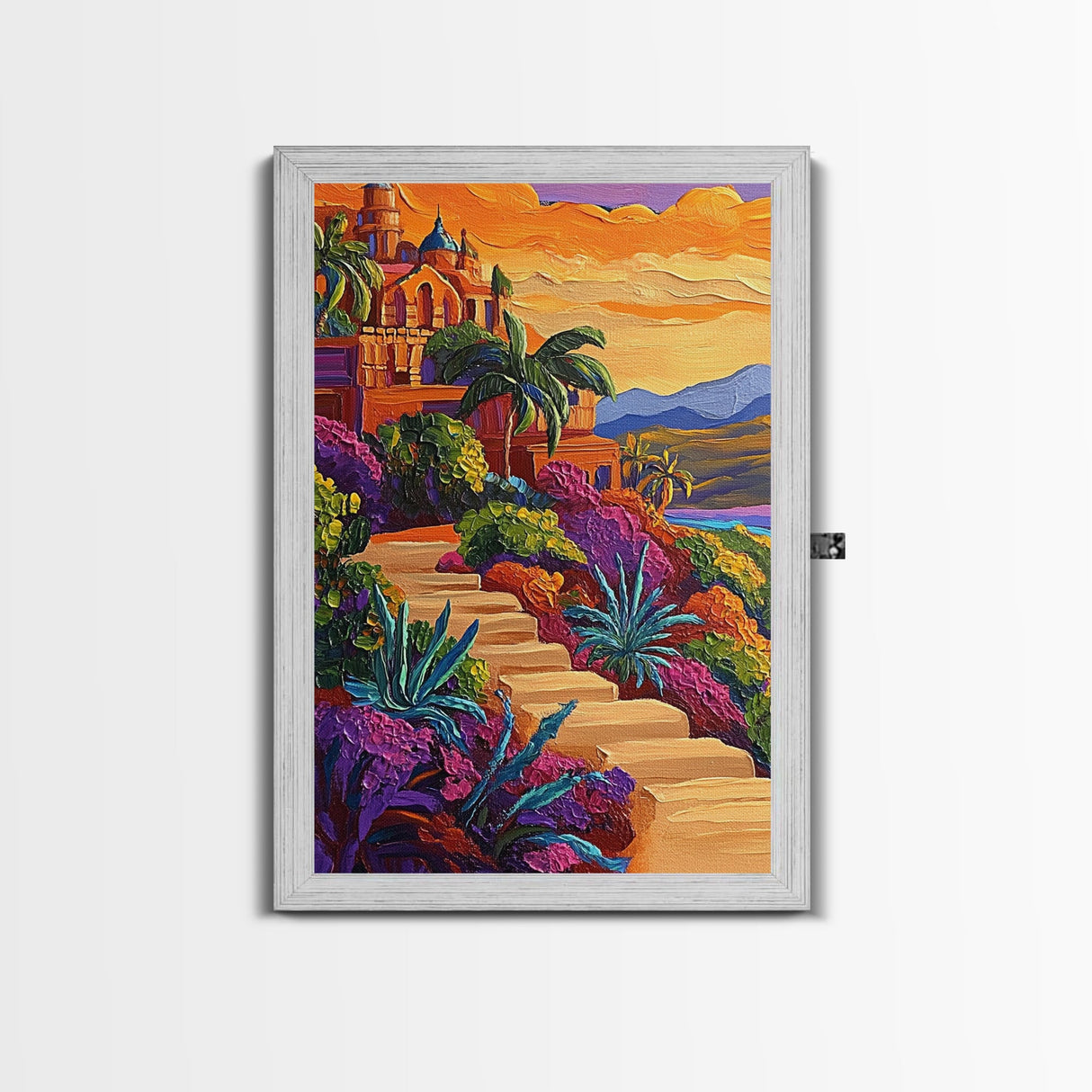 Sunset Mexico, Colorful, Travel, Framed Canvas Print vibrant coastal villa painting, colorful sunset art, Mediterranean boho travel vibes
