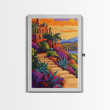 Sunset Mexico, Colorful, Travel, Framed Canvas Print vibrant coastal villa painting, colorful sunset art, Mediterranean boho travel vibes