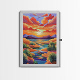 Sunset Desert, River, Color, Framed Canvas Print dreamy painted desert river sunset, colorful sky landscape artwork, nature boho art