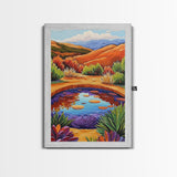 Pond Reflection, Nature, Desert, Framed Canvas Print tranquil desert pond painting, colorful reflection landscape art,  entryway wall decor