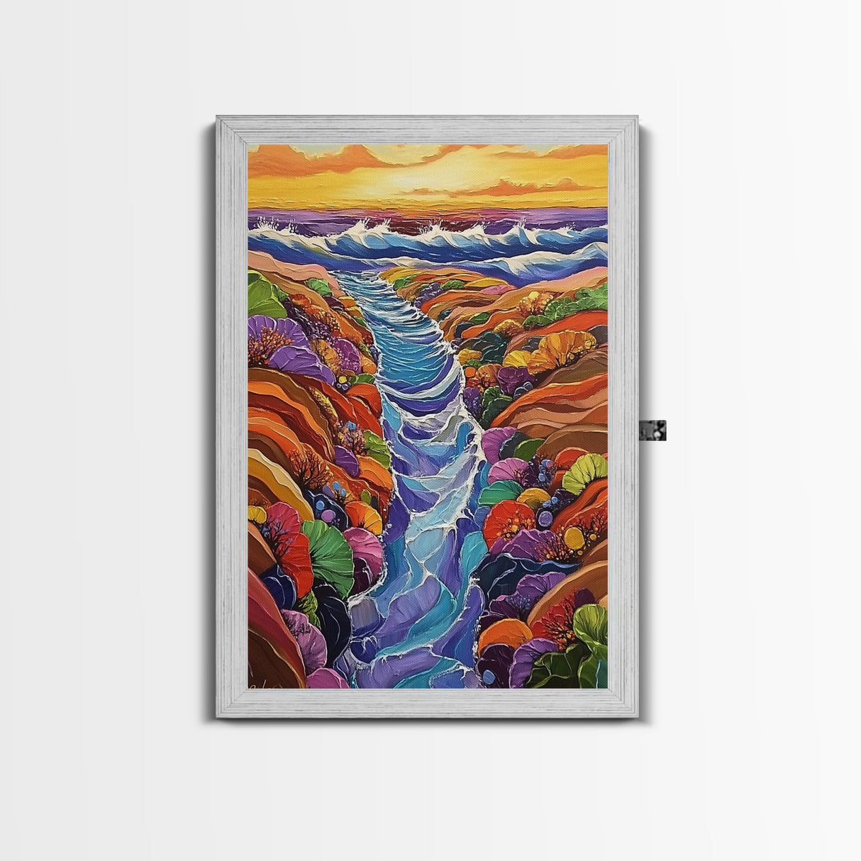 Ocean Tidepool, Rainbow, Shoreline, Canvas Print vivid shoreline tidepool painting, colorful abstract coastal artwork, ocean bathroom wall art